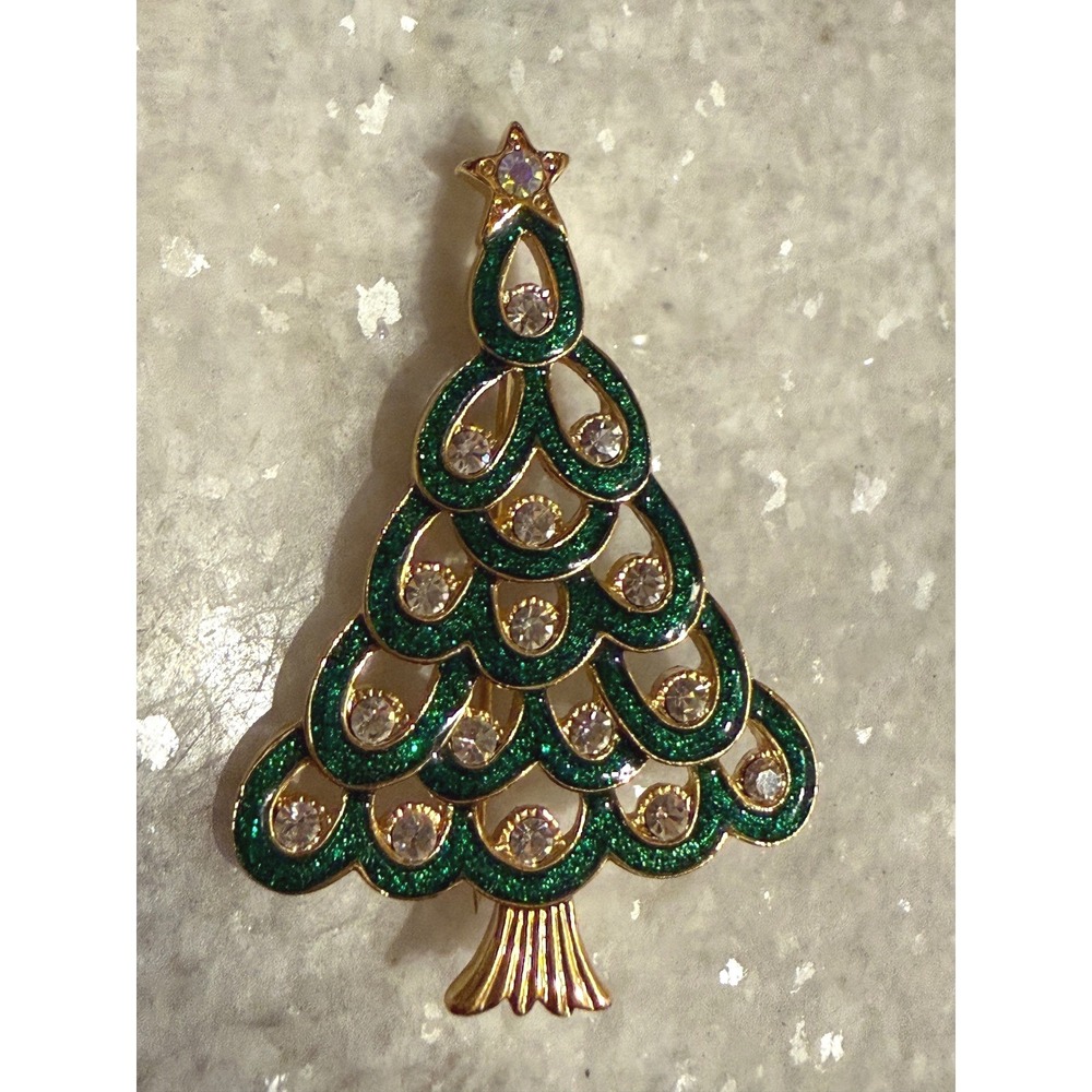 AS signed Christmas Tree Brooch Green Glitter Enamel Rhinestone Gold Tone AB